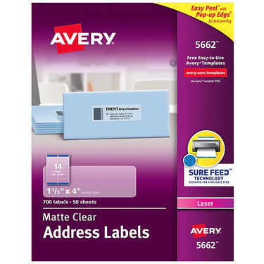 Avery Matte Clear Address Labels, Sure Feed Technology, Laser, 1-1/3